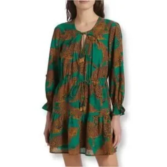Farm Rio Artsy Leopards Long Sleeve Beaded Tassel Cotton Mini Dress - Picture 1 of 3